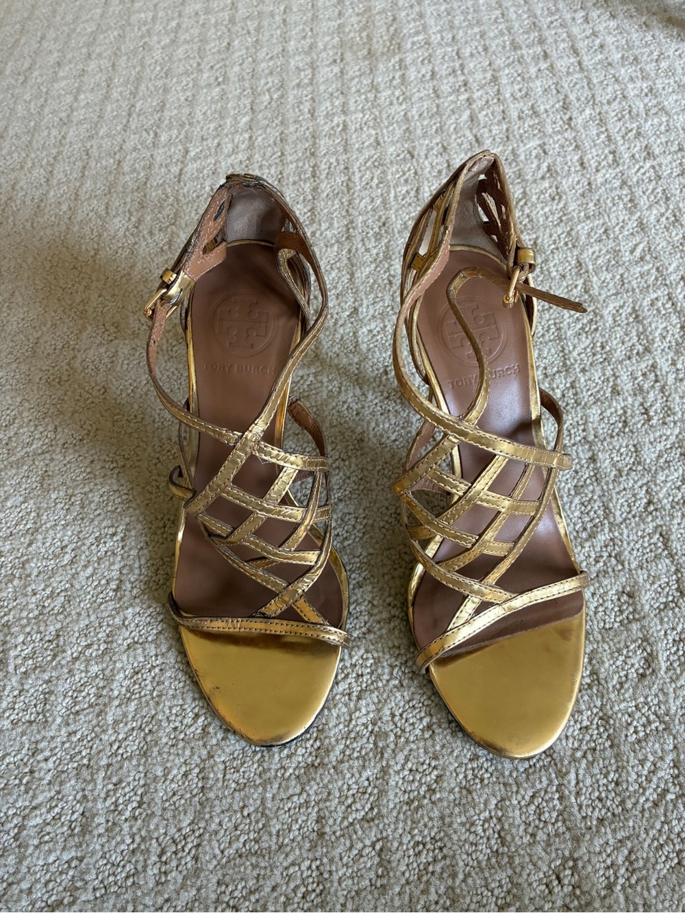 Tory Burch Amalie Gold Leather Cage Heel